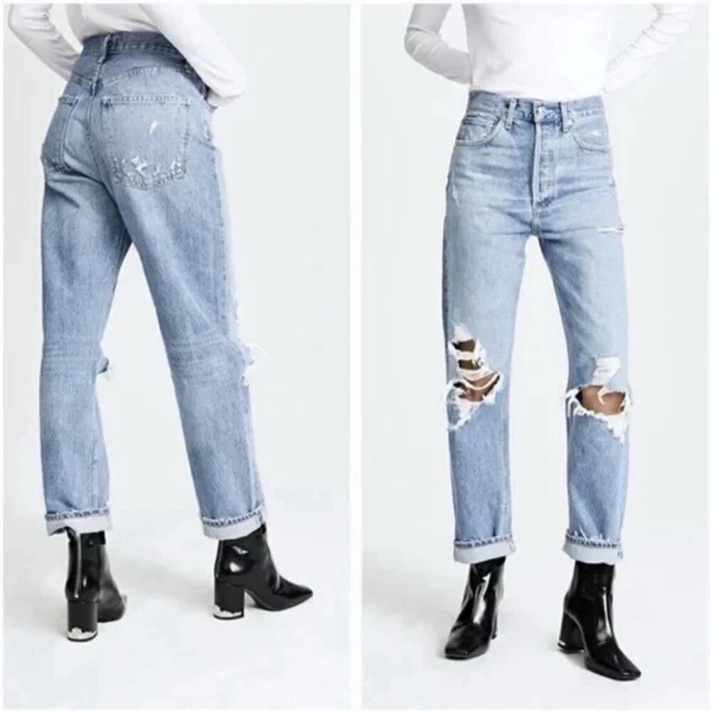 Agolde Light Blue Distressed Straight Leg Jeans - Picture 2 of 15
